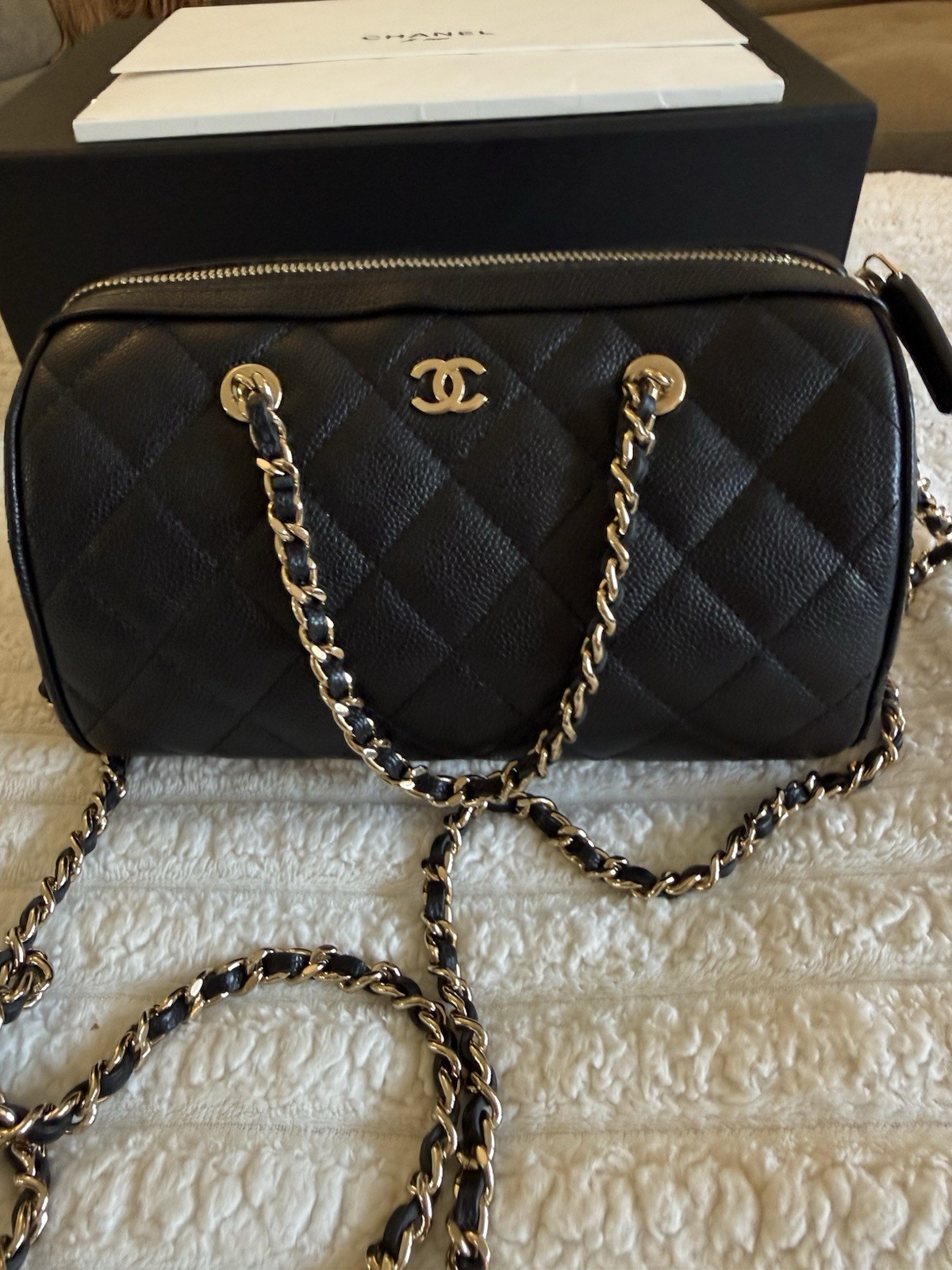 CHANEL Mini Boston CC Logo Black Caviar Leather Bag w/ Light Gold