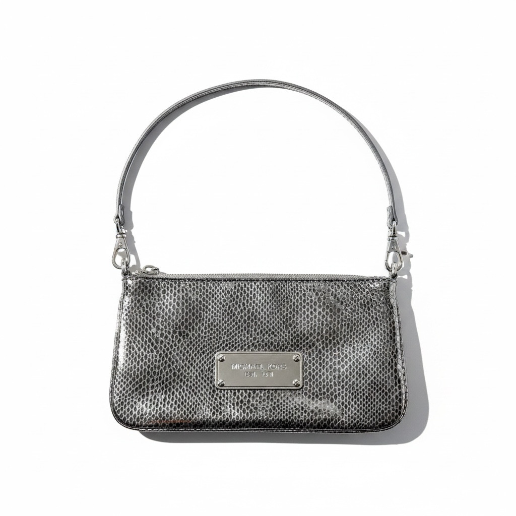 Michael Kors Metallic Snakeskin Effect Shoulder Bag Silver Small Purse Handbag