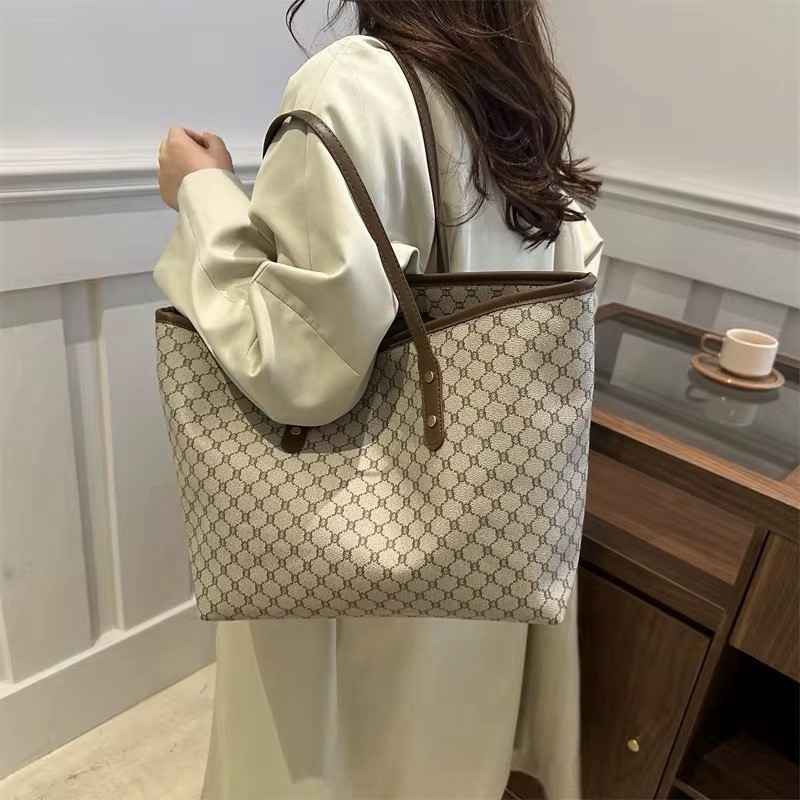 Geometric Print Tote Shoulder Bag Beige/Brown, Double Handles, Inner Pockets