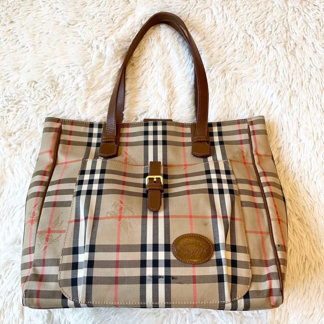 Burberrys Nova Check Tote Bag Beige Brown Canvas Leather Shoulder A4 Vintage