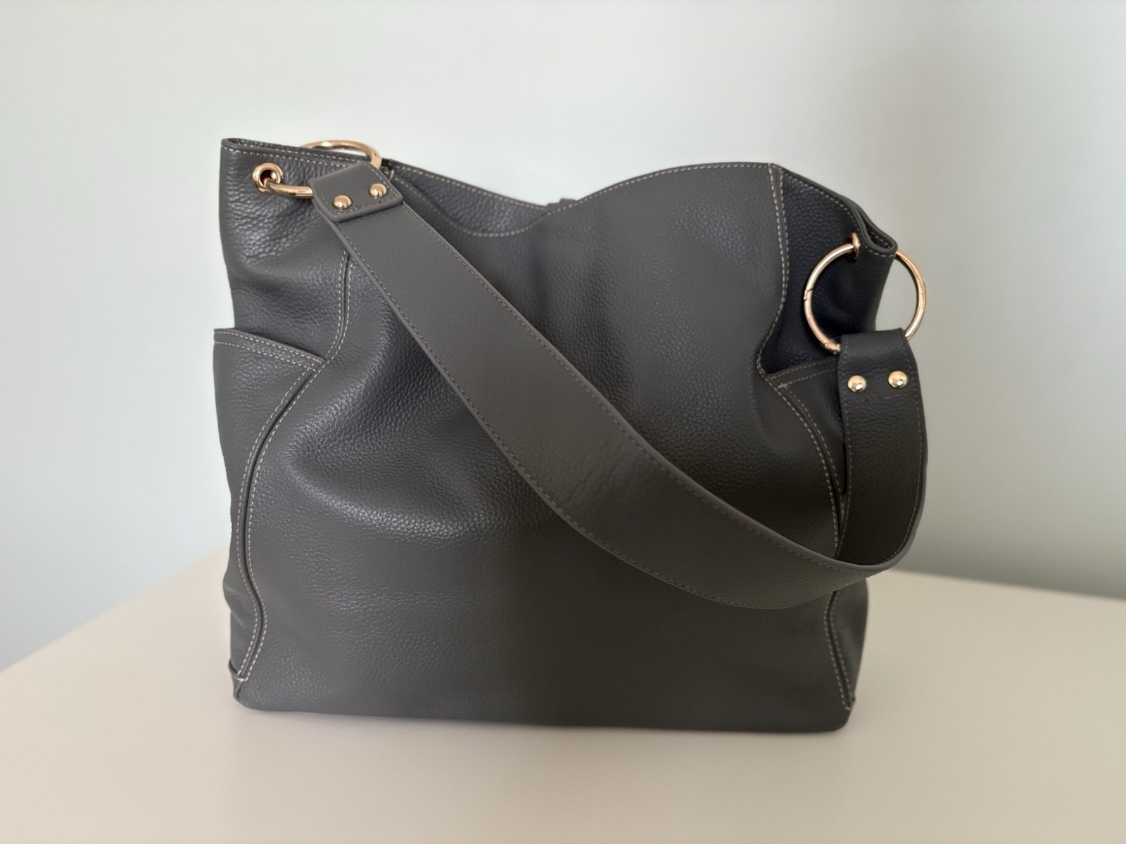 LAGGO Julia Cashmere Gray pebbled genuine leather shoulder bag | Retails $595