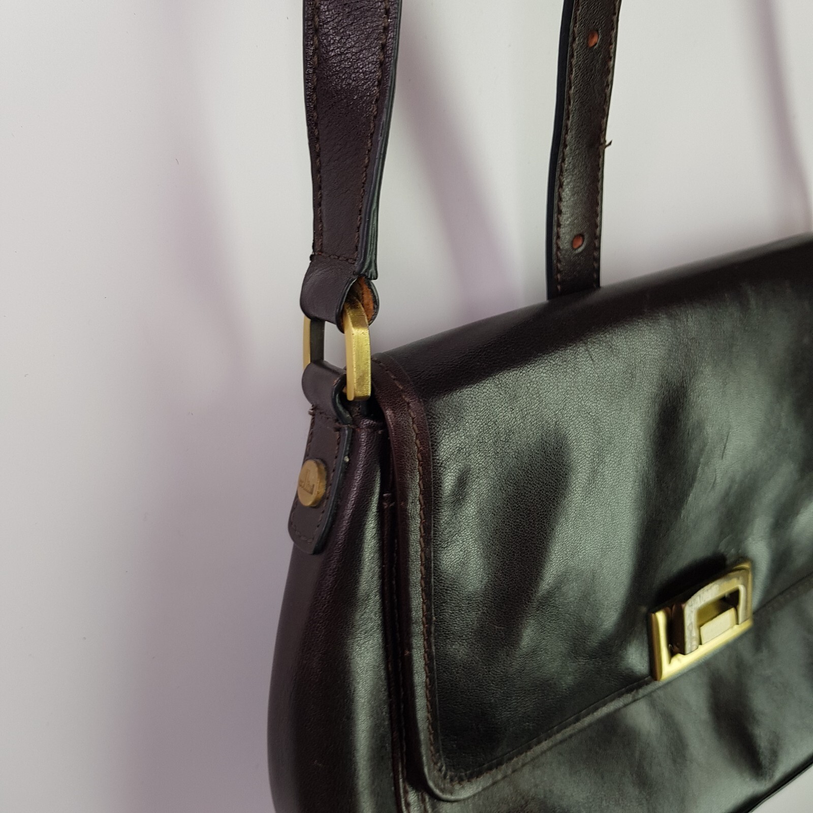 Cellini Leather Small Handbag 19x26cm Brown Gold Shoulder Crossbody Adjustable