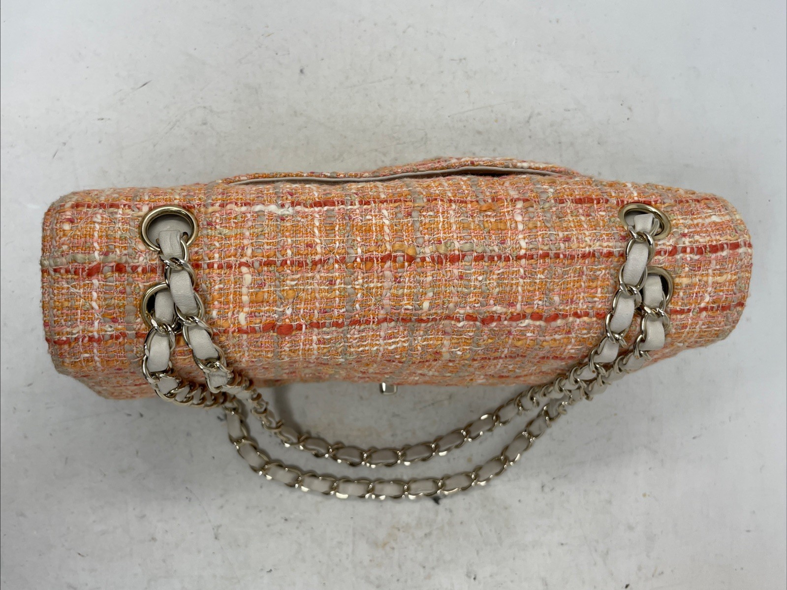 Authentic Chanel 2005 10-Series Peach Tweed Medium Classic Double Flap Bag (197)