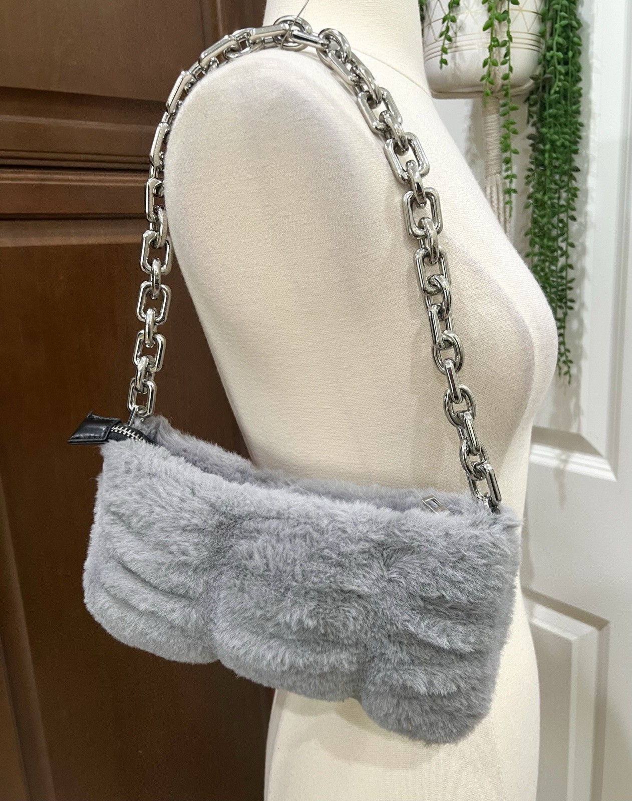 Zara Womens Gray Faux Fur Shoulder Bag Chunky Silver Chain Strap Handbag Purse