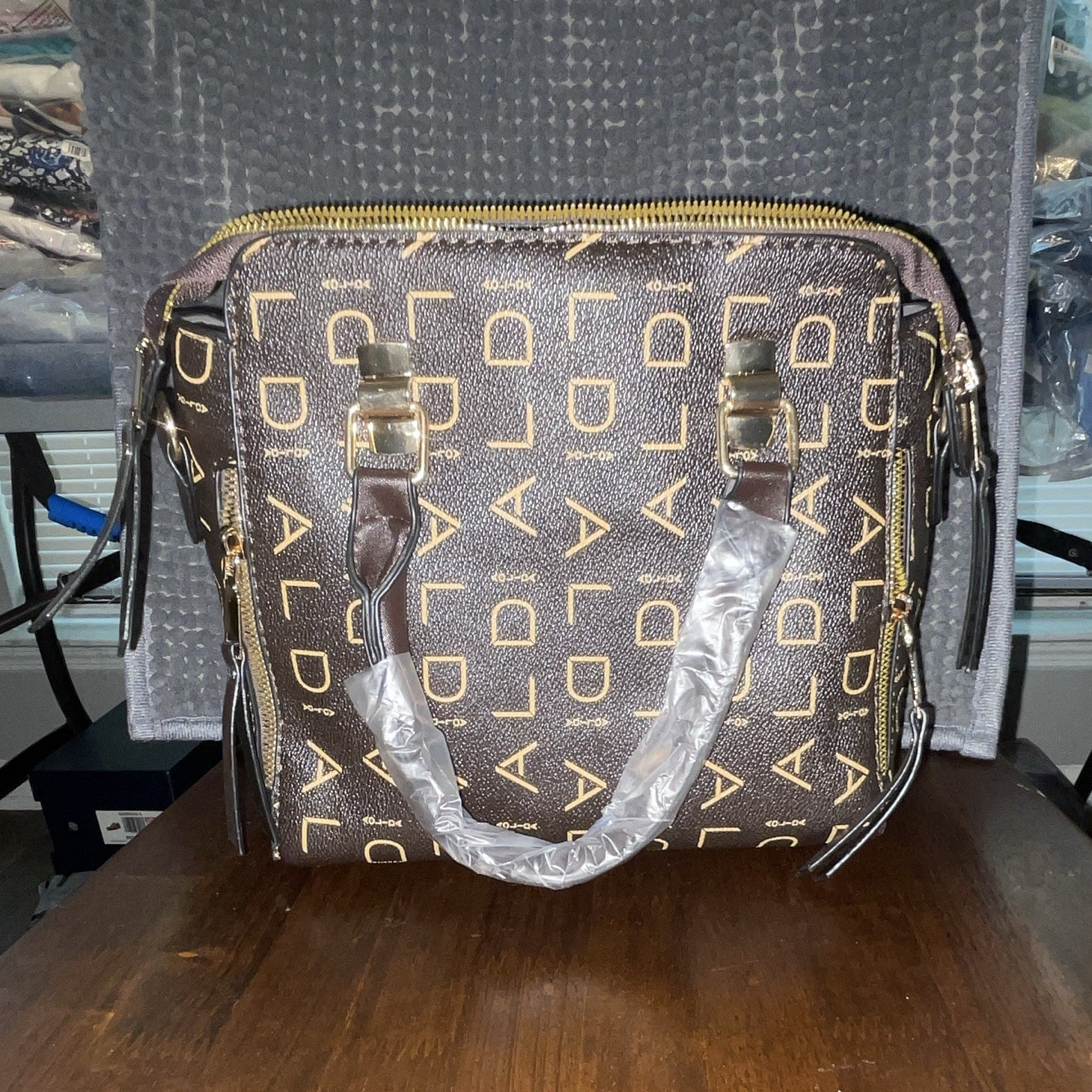 ALDO Brown Logo Satchel Top Handle Bag Zip Detachable Adjustable Strap Gold