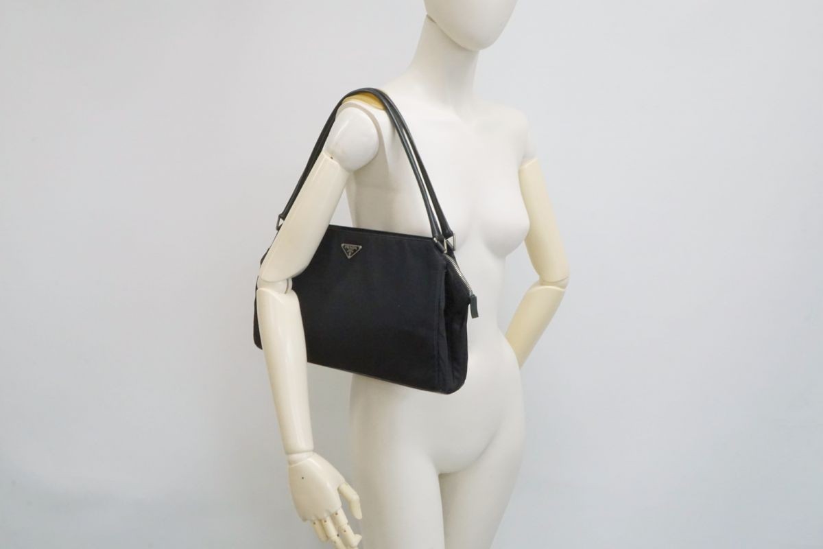 PRADA Shoulder Bag Tote Triangular Logo Plate Tessuto Nylon Black 6367h