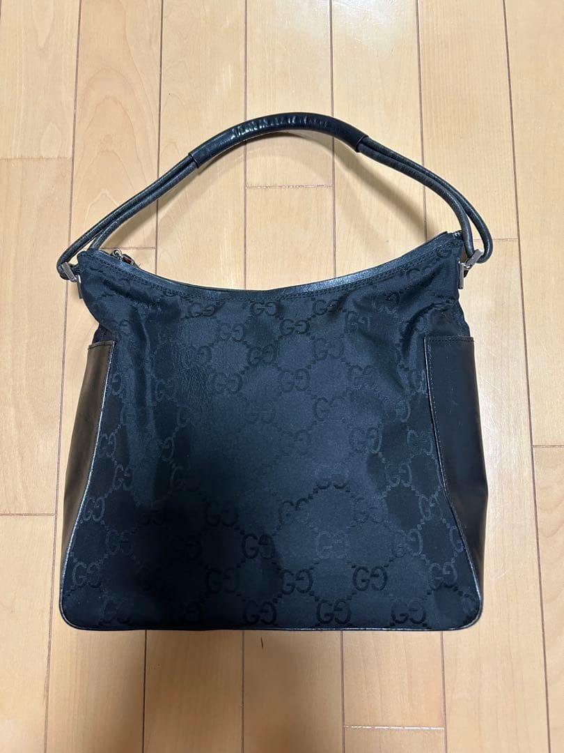 GUCCI GG Nylon Leather Shoulder Bag Black Women Auth 9.05 x 10.62 x 3.74inch