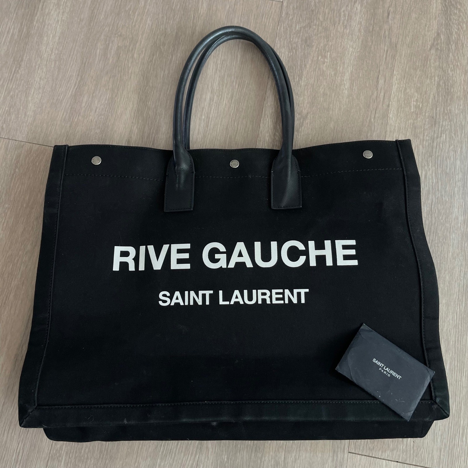 Saint Laurent Rive Gauche Tote Bag Large Black Canvas Leather Logo Chic Carryall