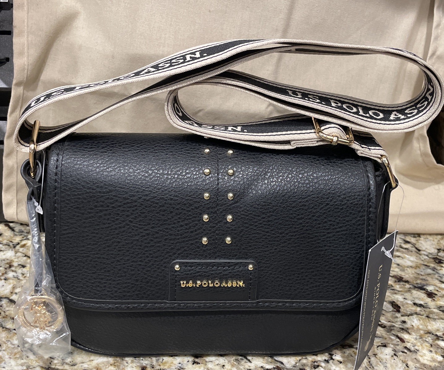 US Polo Assn Black Studded Handbag Crossbody Strap Bag Charm 9 x 6 x 5.5 in NWT