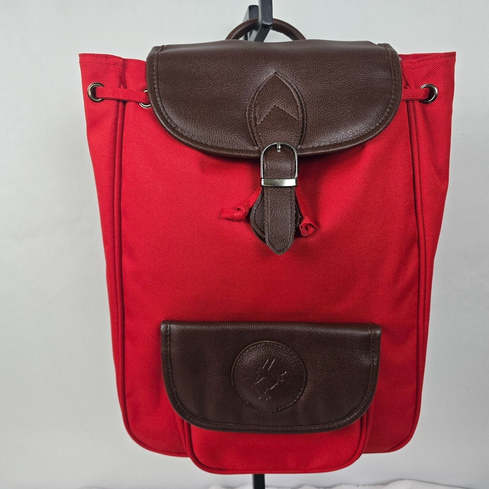 Canvas Backpack in Red w/ Brown Leather Accents 16″ x 12″ x 4″ EUC