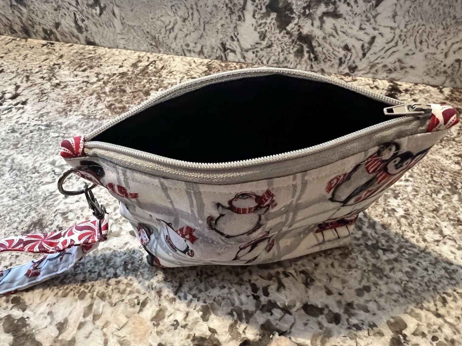 Custom Winter Penguin Wristlet Removable Loop Key Fob Cotton Handmade In The USA