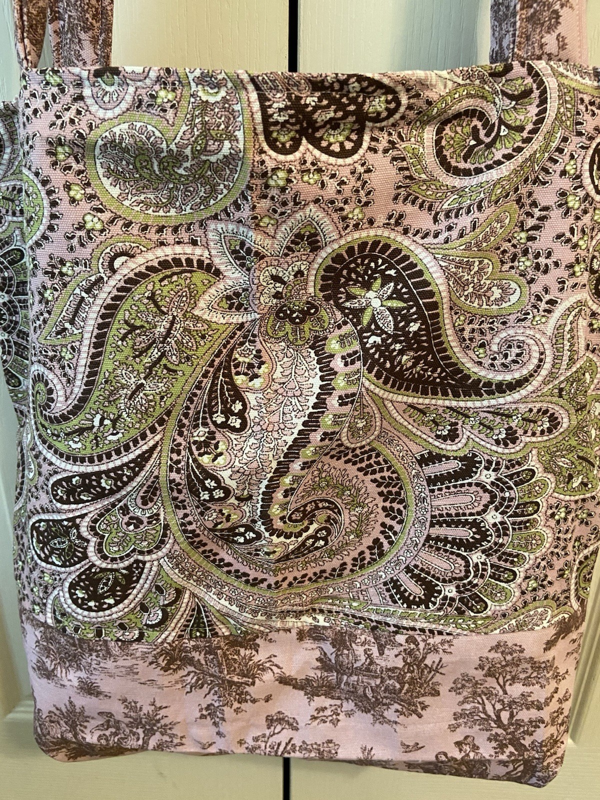 Toile Purse/bag/17”x15”/reversible/paisley pink ,green, brown/pockets/handmade