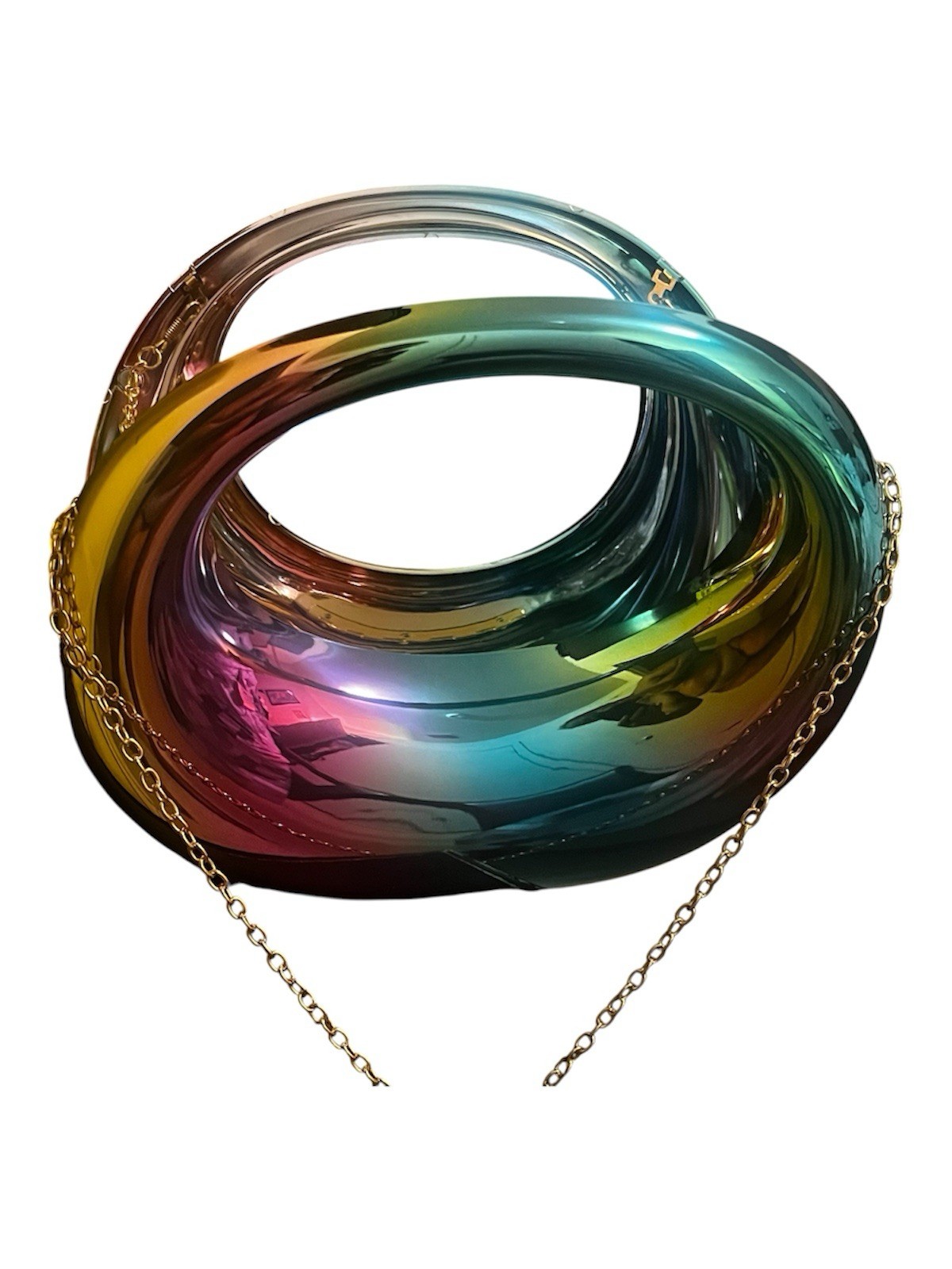 Multicolor Iridescent Oval Clutch Shoulder Bag w/ Detachable Gold Chain, Glossy