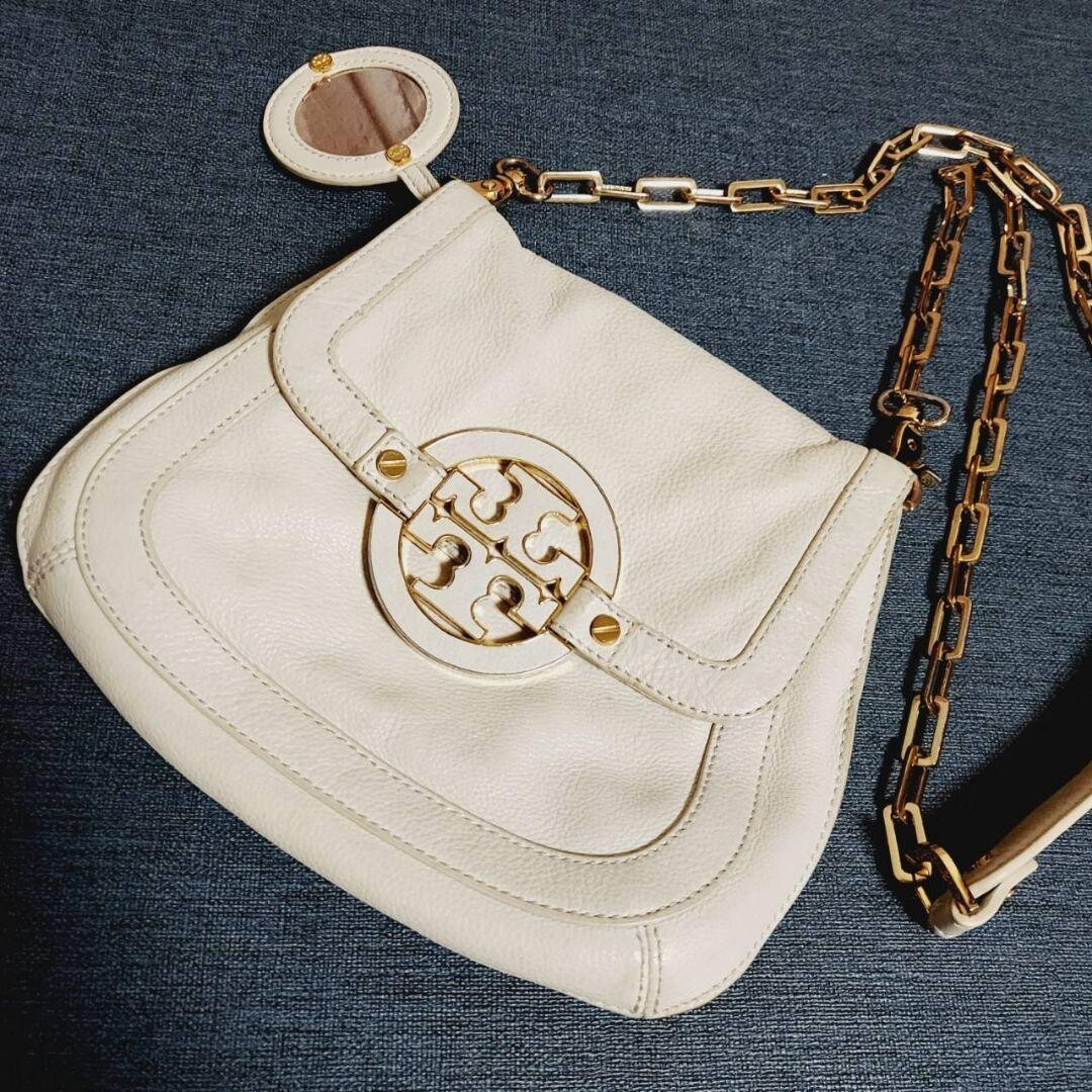 Tory Burch Amanda Ivory Leather Shoulder Bag Gold Chain Mirror 26cm 22cm