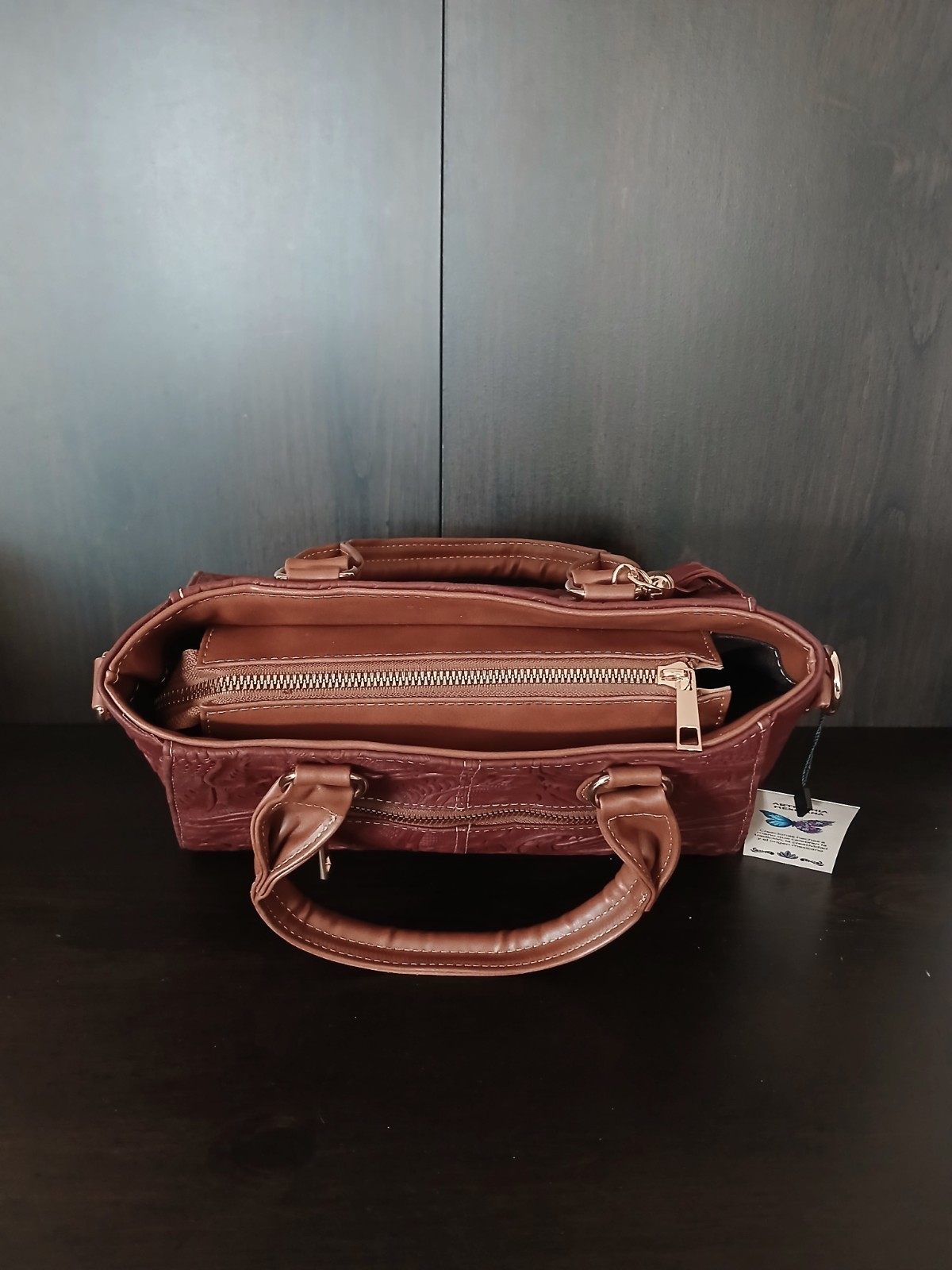 Wine Red Brown Tasseled Floral Embossed Tooled Artisan LEATHER Crossbody Purse