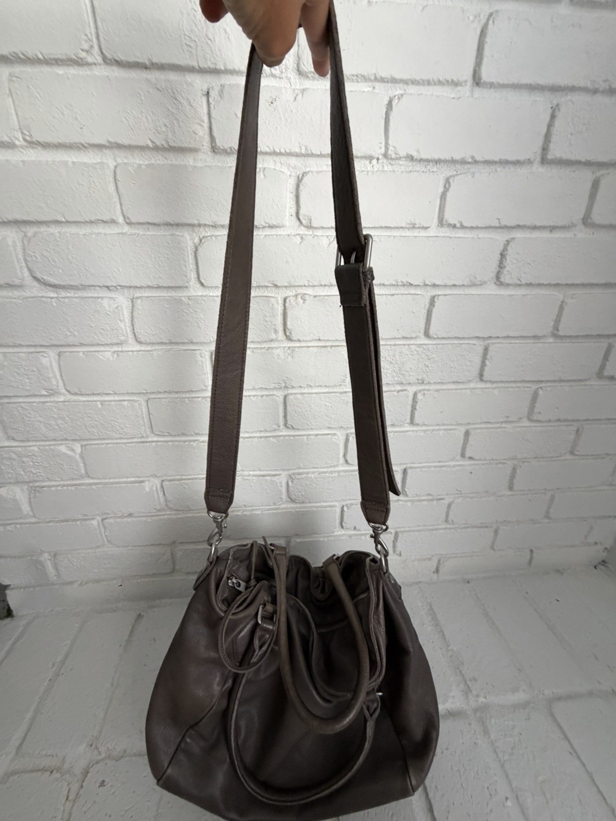 Liebeskind Berlin Gray Pebbled Satchel Top Handle Zip Tassel Silver Hardware