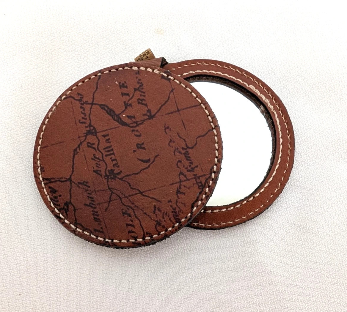 Patricia Nash Round Leather Compact Mirror Map Print Brown Travel Mirror