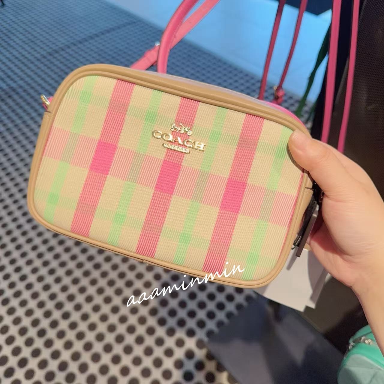 NWT COACH Mini Jamie Camera Bag With Plaid Print CBM37 Gold/Pink