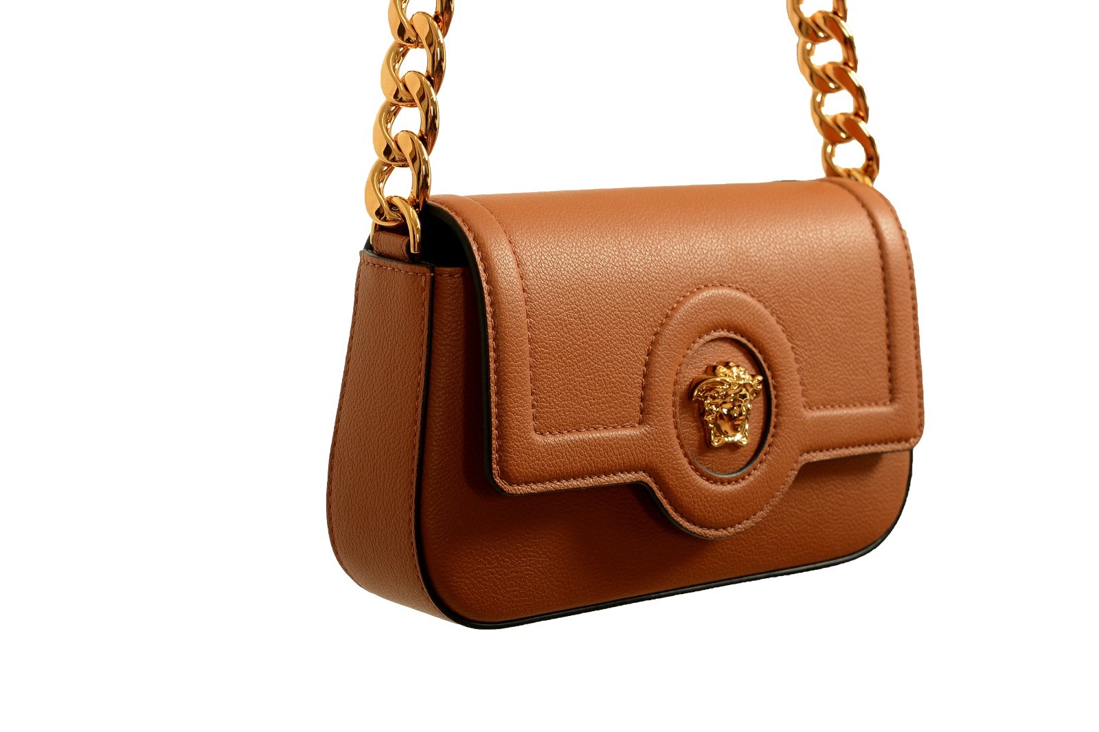 Versace Women’s Cognac Brown Grainy Leather Gold Medusa Handbag Shoulder Bag