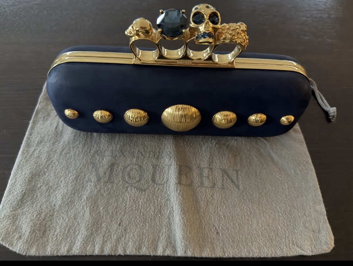 Alexander McQueen Blue Suede Skull Knuckle Clutch Gold Hardware Studded Dust Bag