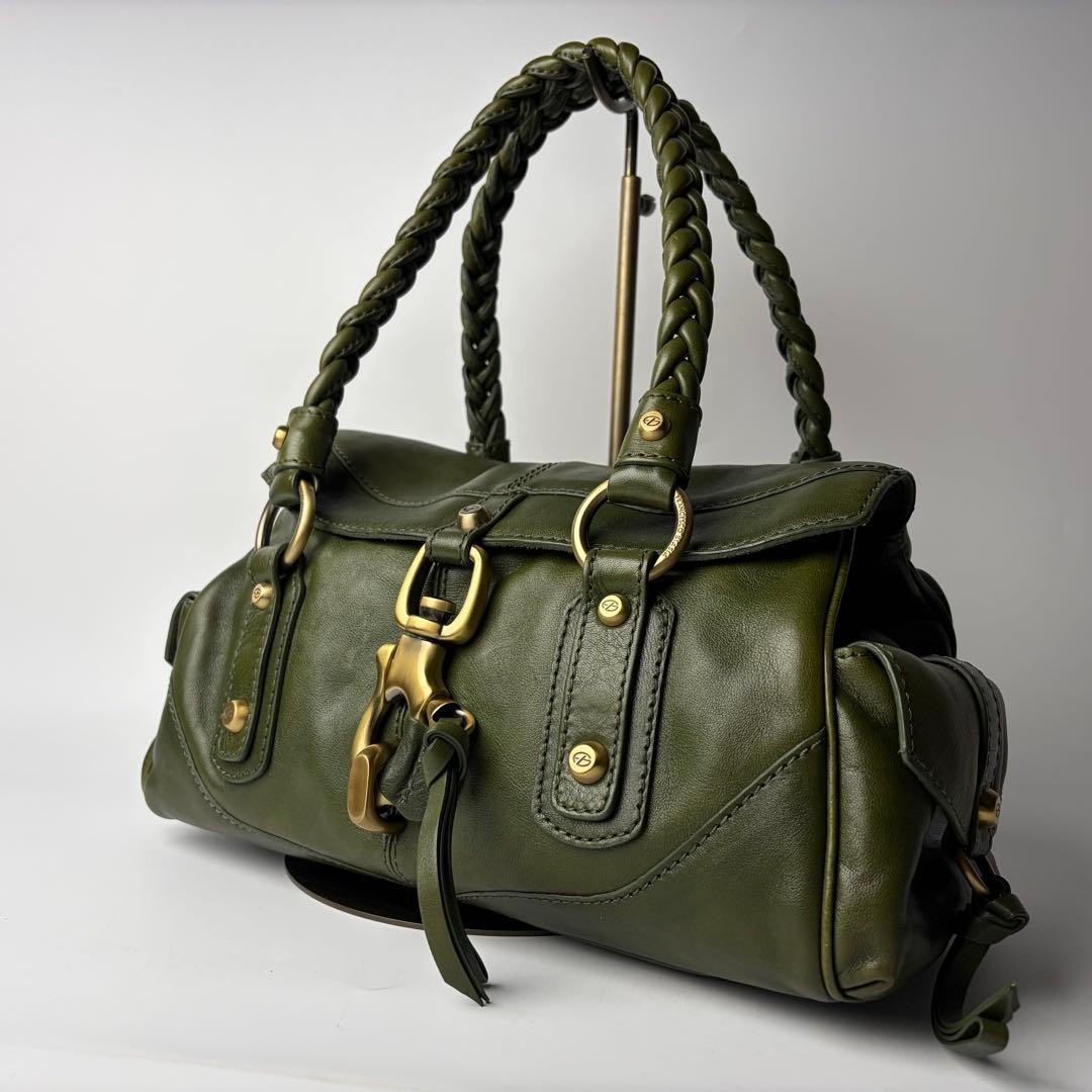 FRANCESCO BIASIA Shoulder Bag Purse Leather Green Woven Handle USED Good Cond