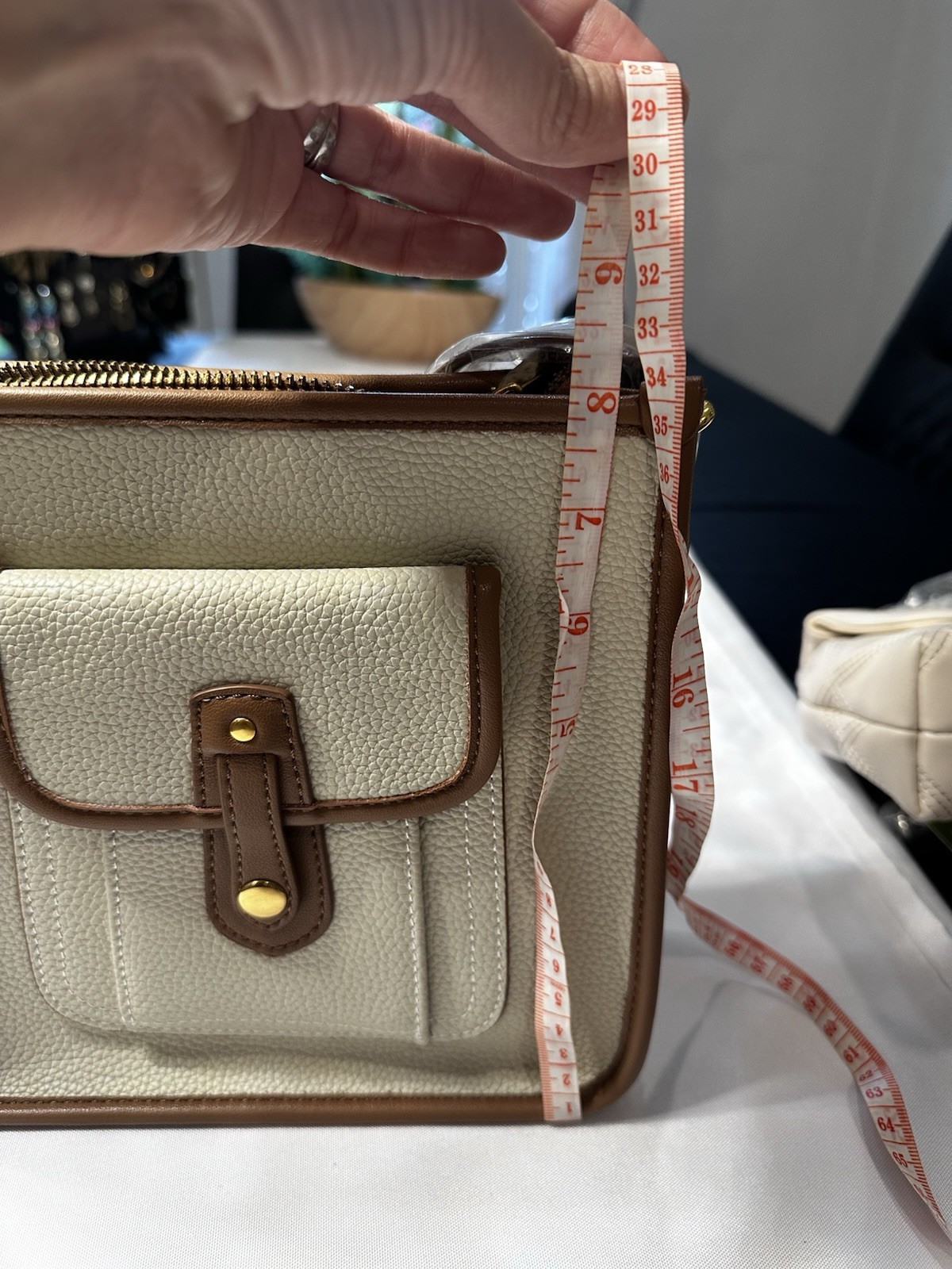 Beige Pebbled Crossbody Bag, Brown Trim Gold Hardware Zip, Flap Pocket