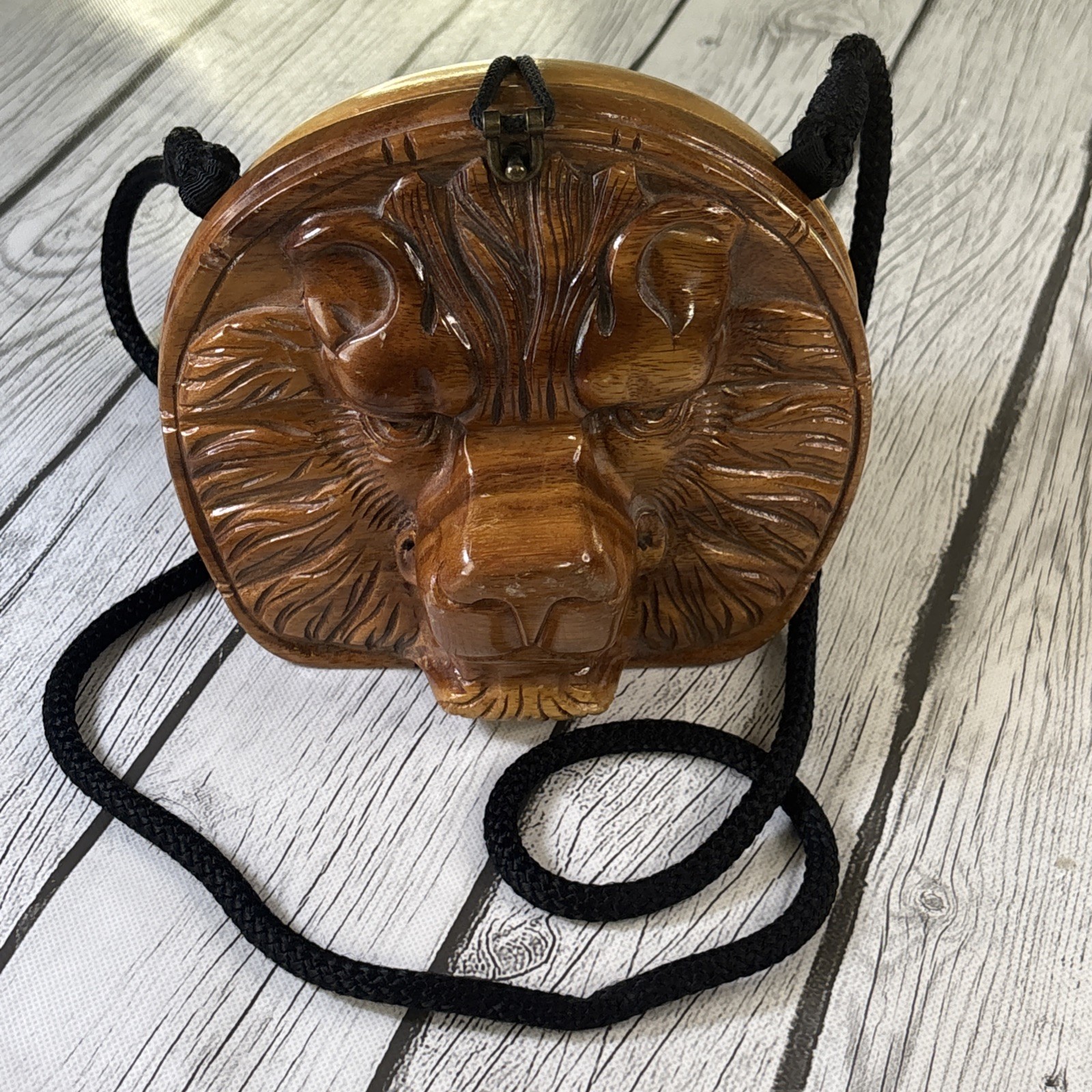 Timmy Woods Beverly Hills Hand-Carved Acacia Wood Lion Head Handbag.