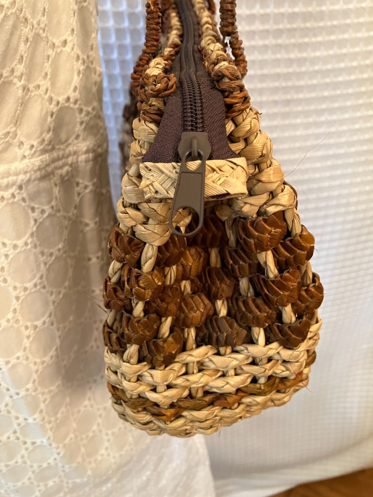 Straw Handbag, Open Weave, Small-Medium Size, Double Handles, Two-Tone