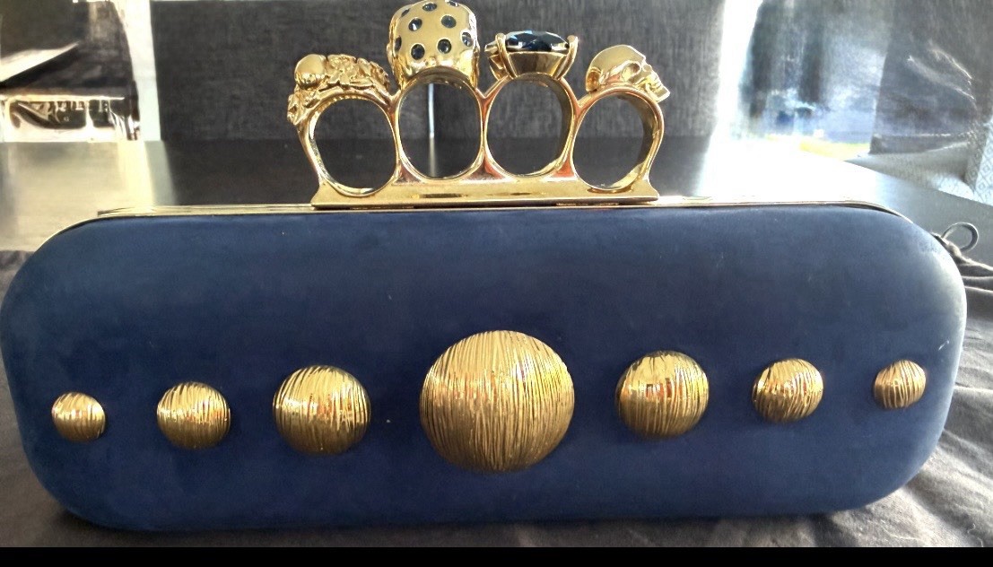 Alexander McQueen Blue Suede Skull Knuckle Clutch Gold Hardware Studded Dust Bag