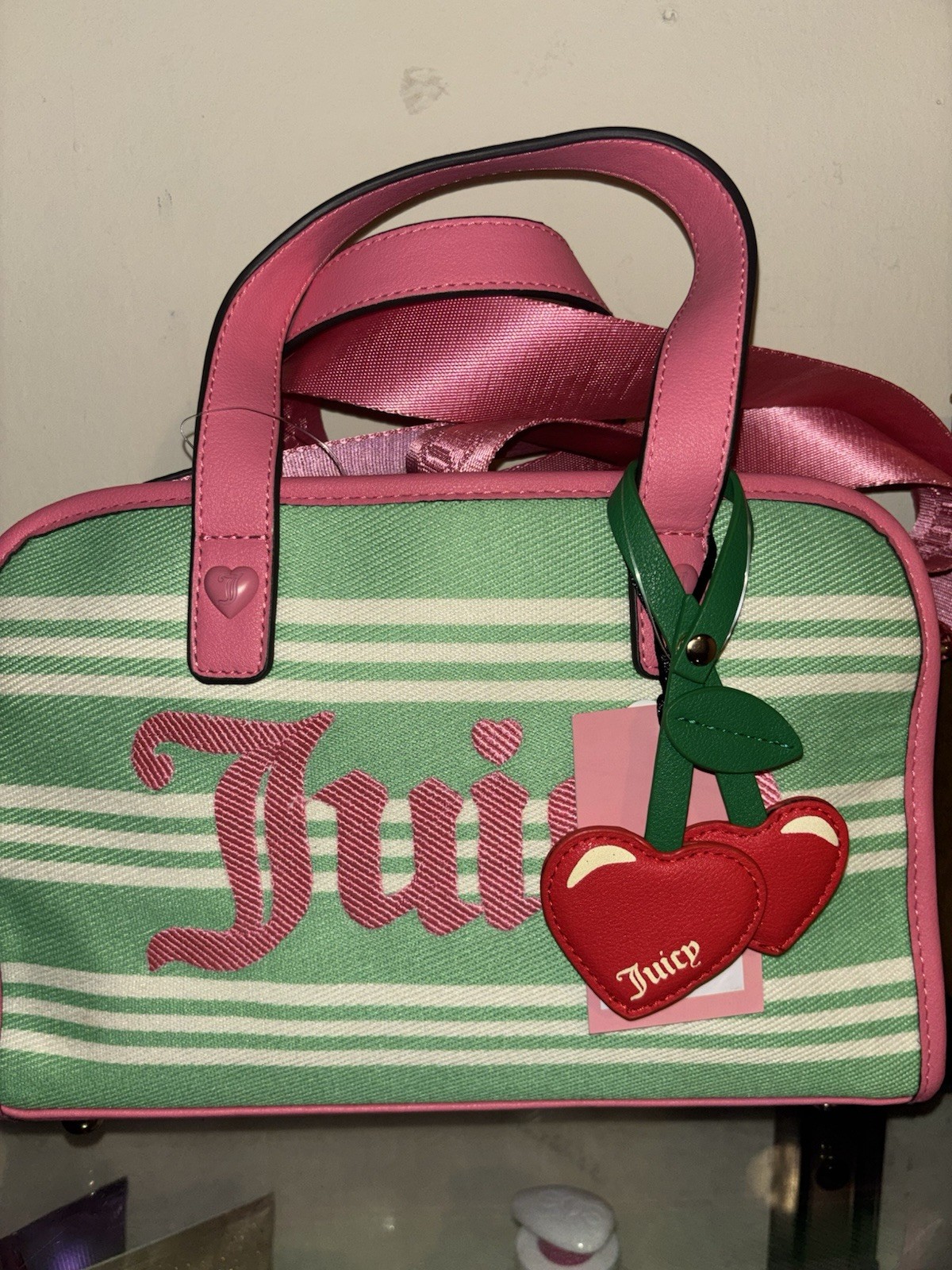JUICY COUTURE PARADISE SATCHEL TOTE BAG RETRO GREEN PINK CHERRY CHARM