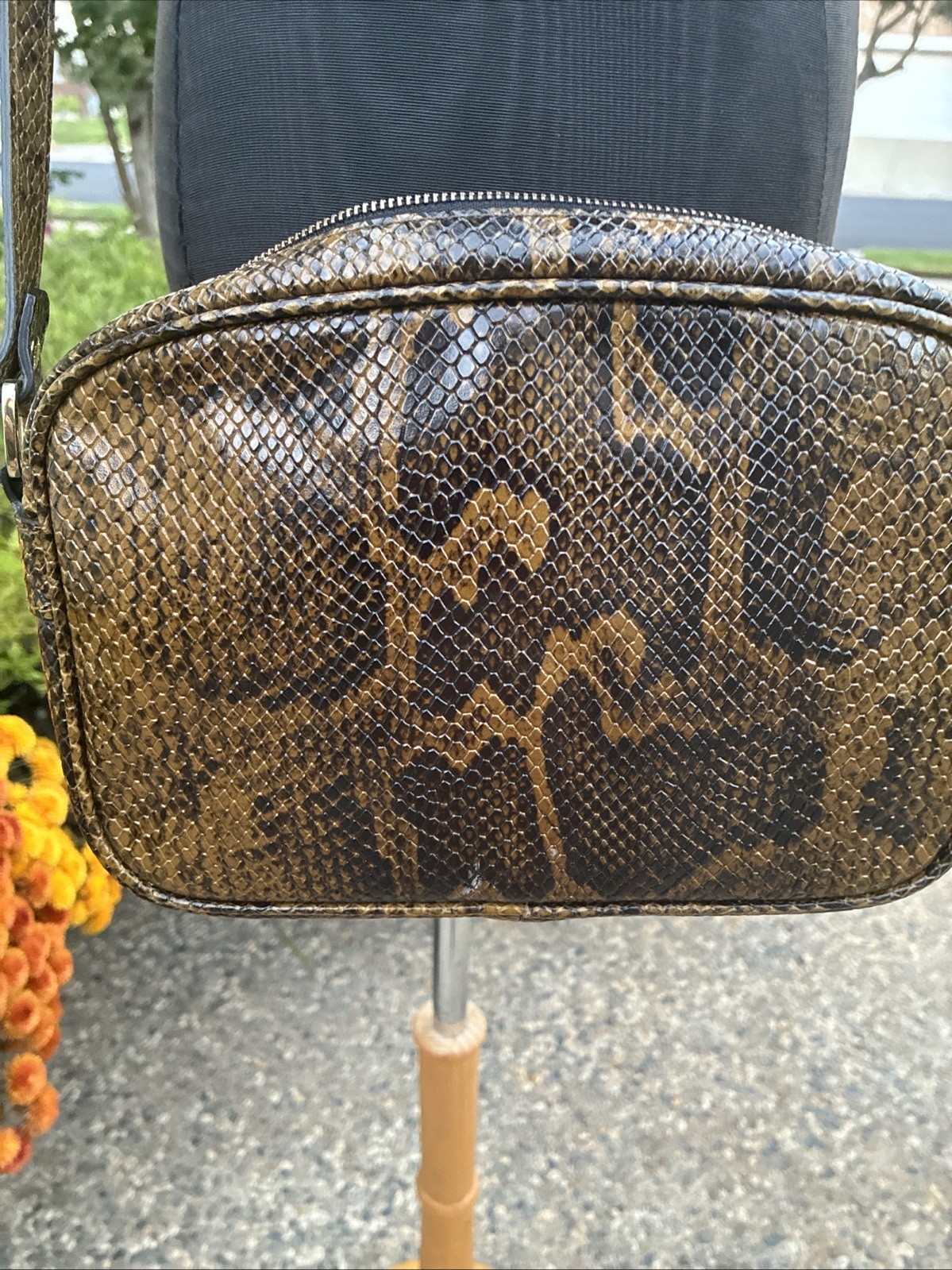 Longchamp Python Snake Print Leather Shoulder Bag Purse Crossbody Browns