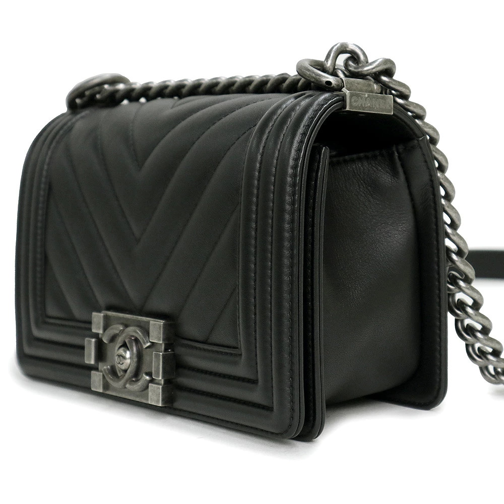 Chanel Boy Small V-Stitch Chevron Chain Black A67085 Shoulder Bag Unisex #BCB076