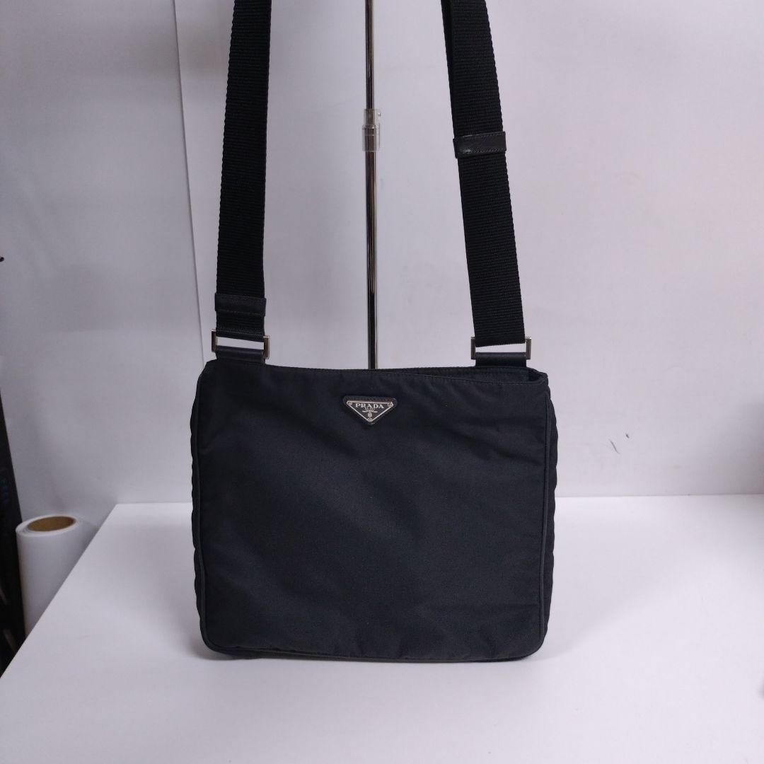 Authentic PRADA Black Nylon Shoulder Bag 26cm, Adjustable Strap, Slight Wear