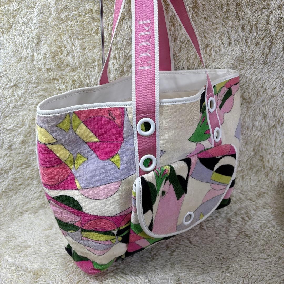 Emilio Pucci Tote Bag Terry Cloth Multicolor Print Logo Strap Pocket Italy