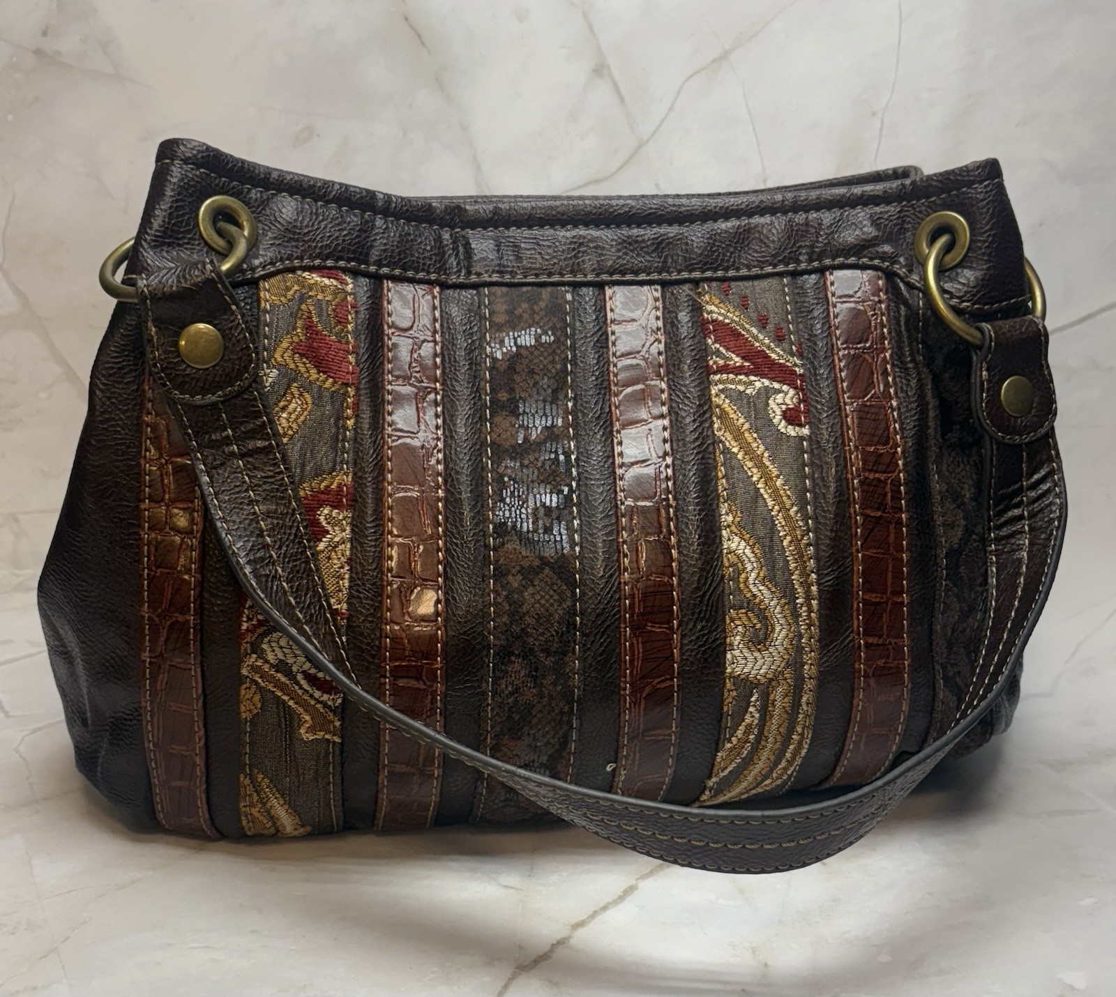 Relic Brown Faux Leather + Canvas Pieced Front Boho Satchel Handbag Purse