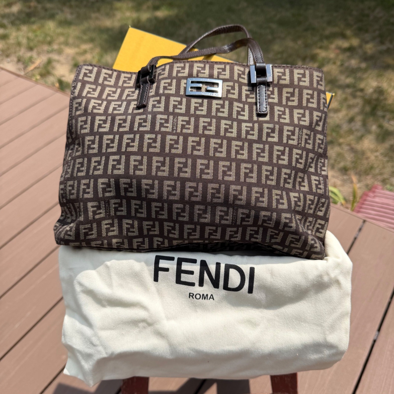 Fendi Authentic Brown Vintage Zucca Monogram Tote Bag Classic Luxury Logo 90s