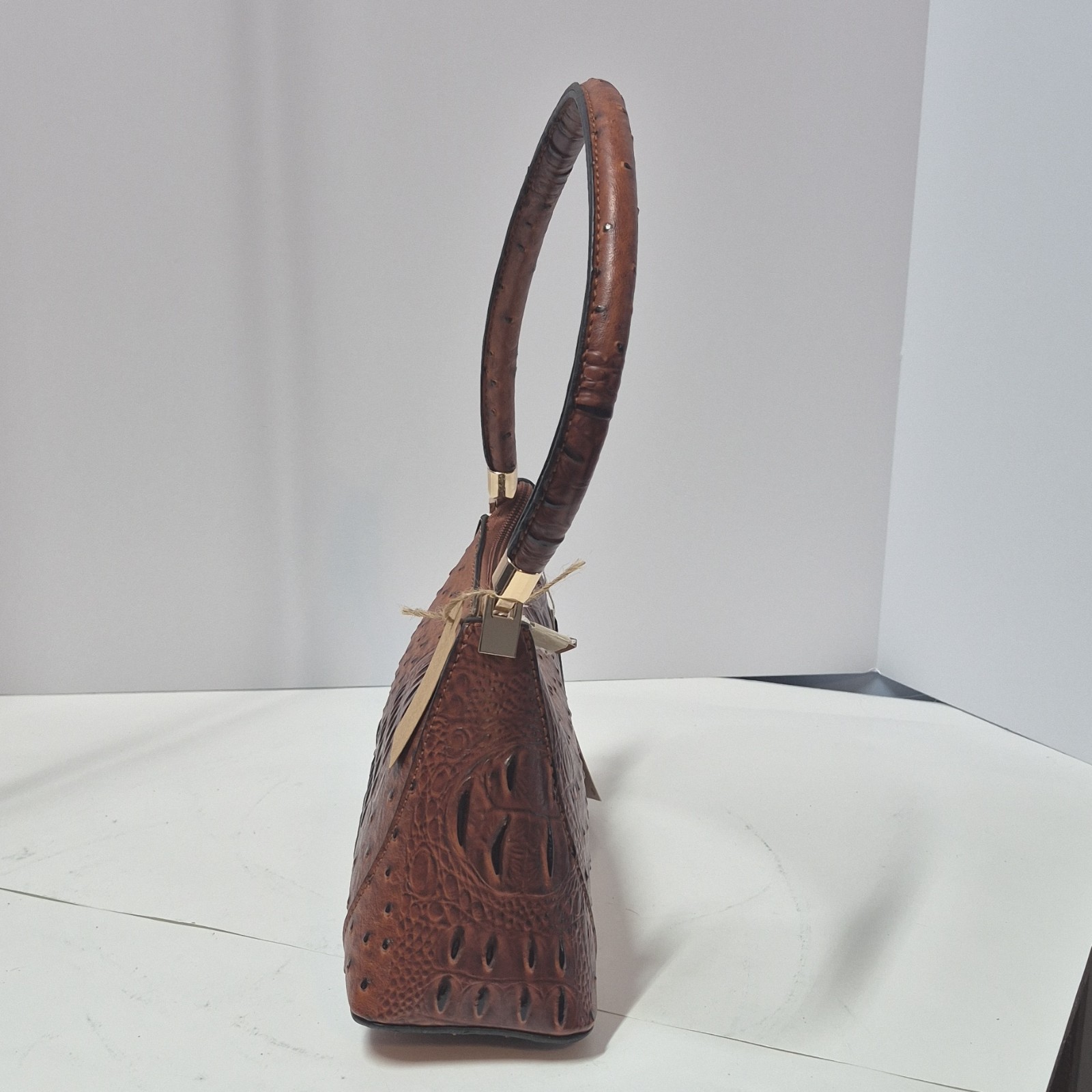Le Miel Brown Embossed Animal Print Shoulder Bag Zip Top Gold Hardware