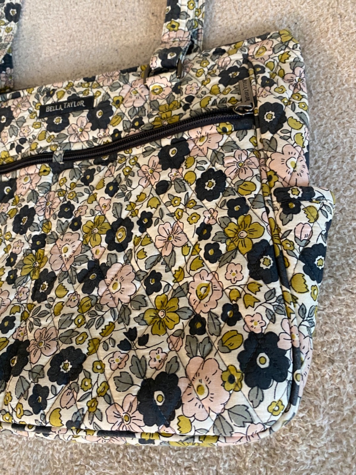 Bella Taylor Quilted Delicate Floral Charcoal Everyday Tote Shoulder Bag Soft