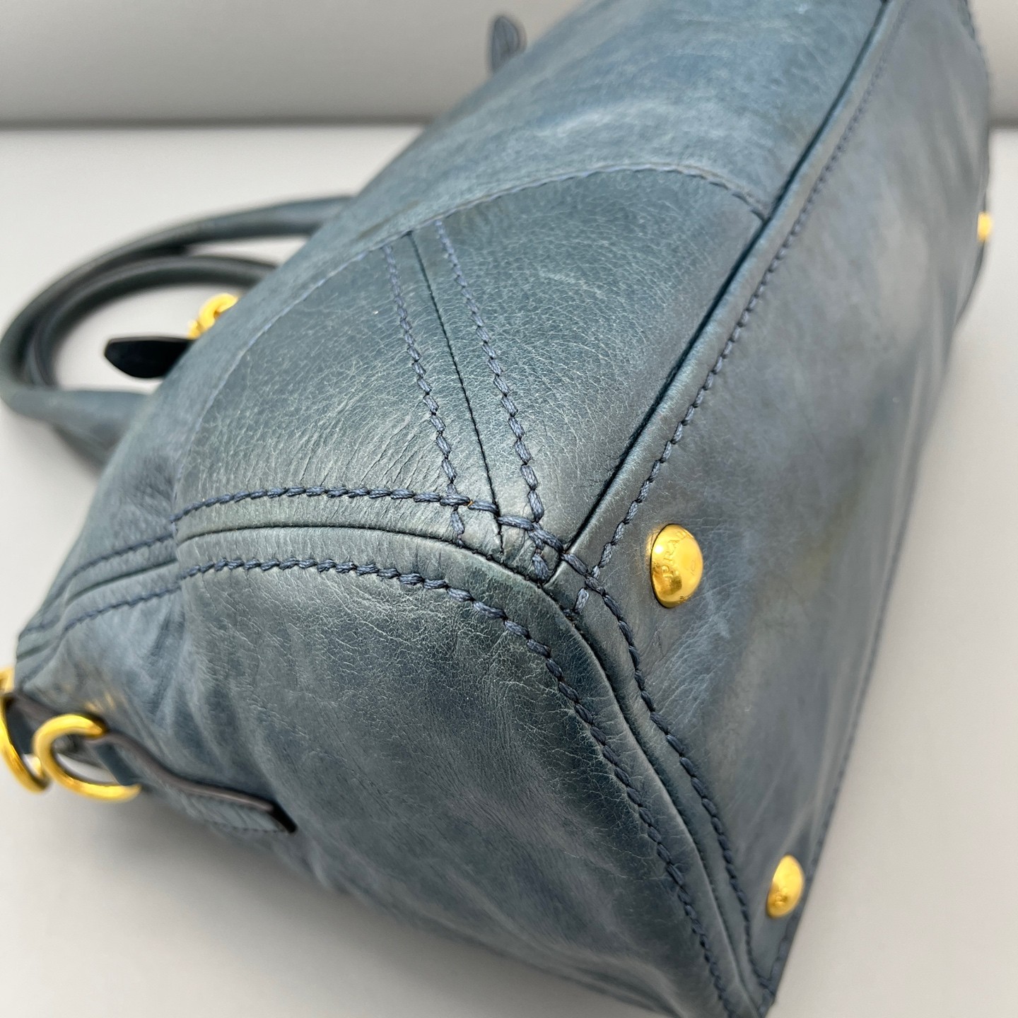 Prada Large Blue Waxed Leather Handheld & Shoulder Carry Bag Duty Paid