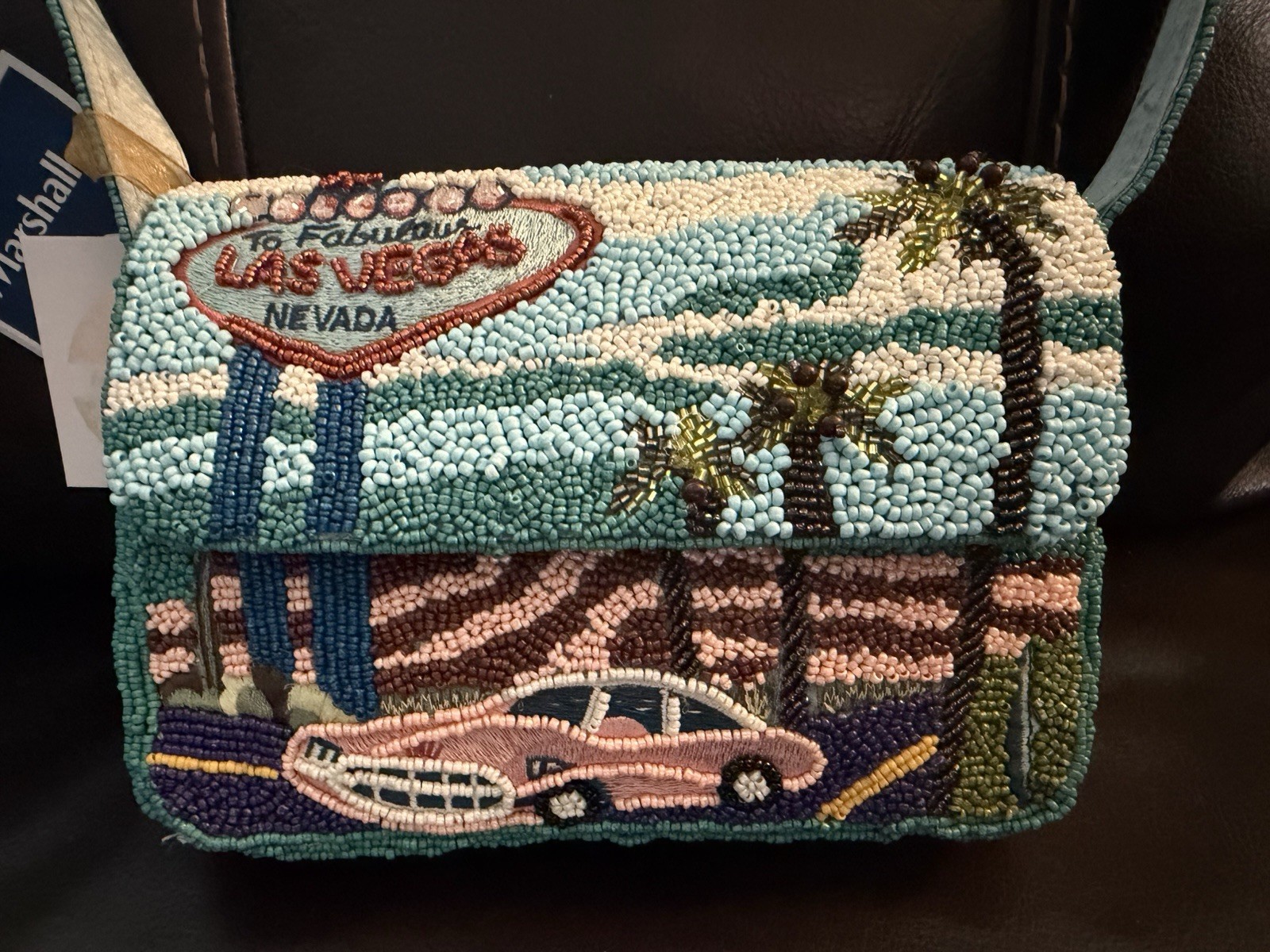 Beaded Embroidered Las Vegas Nevada Scenic Shoulder Bag Blue, Lined, Snap