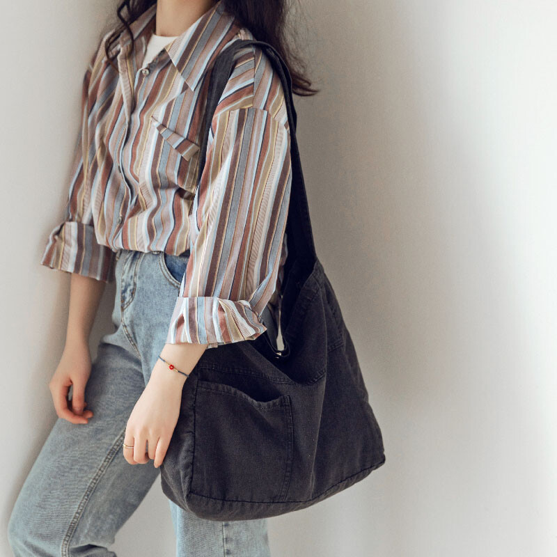 Casual Womens Denim Handbags Canvas Satchels School Japanese Sling Bags Fashion