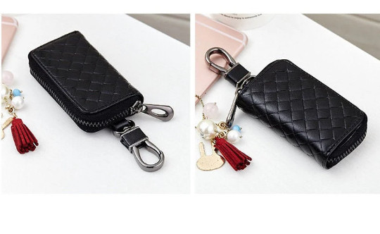 Handmade woven Genuine leather black key holder case bag pouch keychain zipper