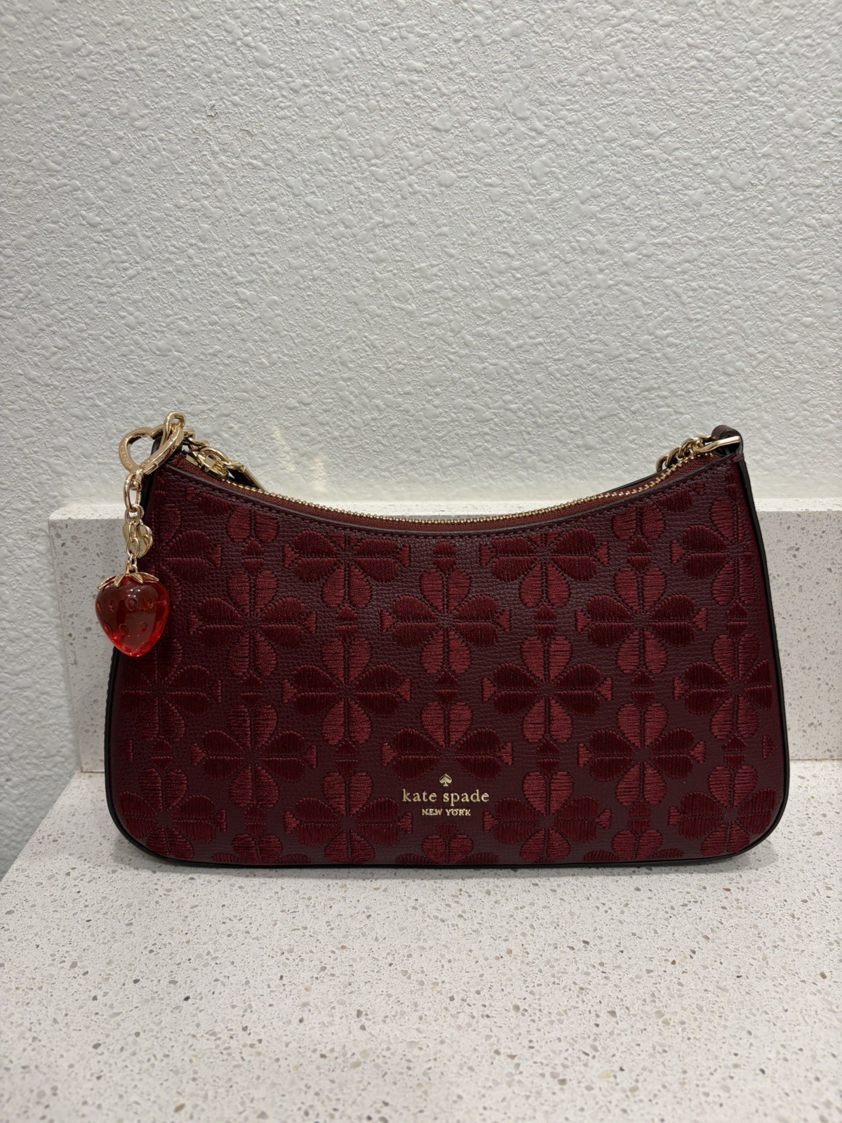 Kate Spade Deep Wine Flower Jacquard Embroidered Flowers Burgundy Shoulder Purse
