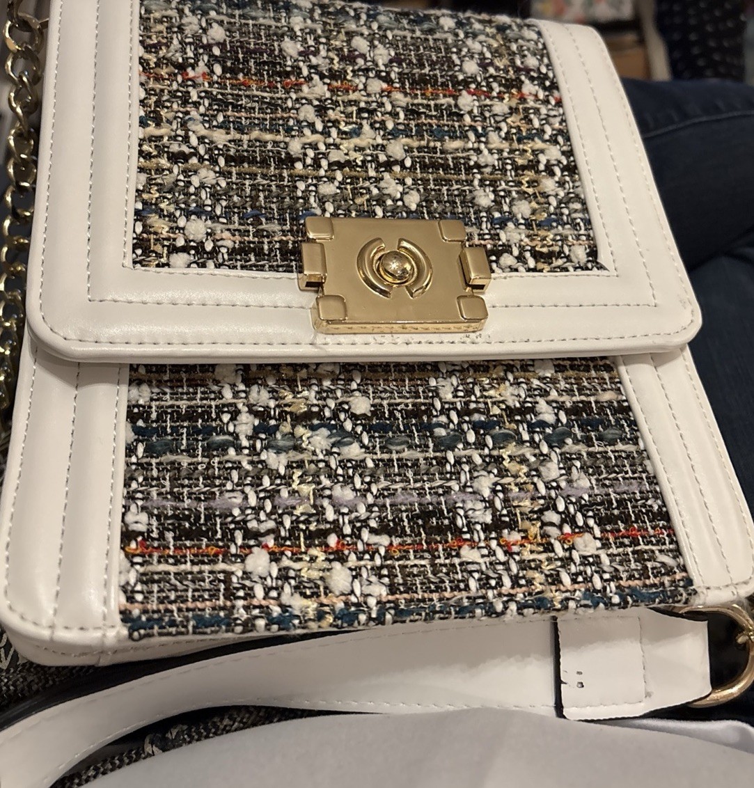 Women’s Crossbody Tweed Boxy Shoulder Bag Elegant Classy Winter White