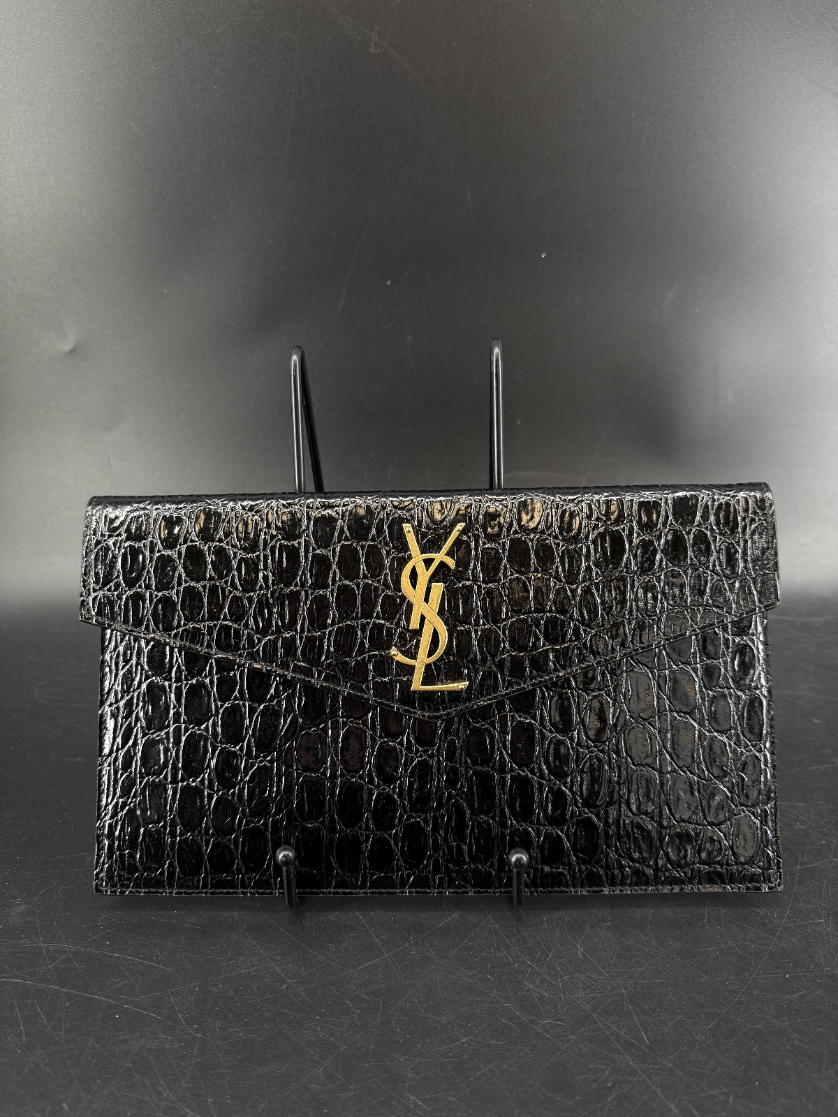 Saint Laurent Uptown Black Croc-Embossed Leather YSL Pouch Clutch Box