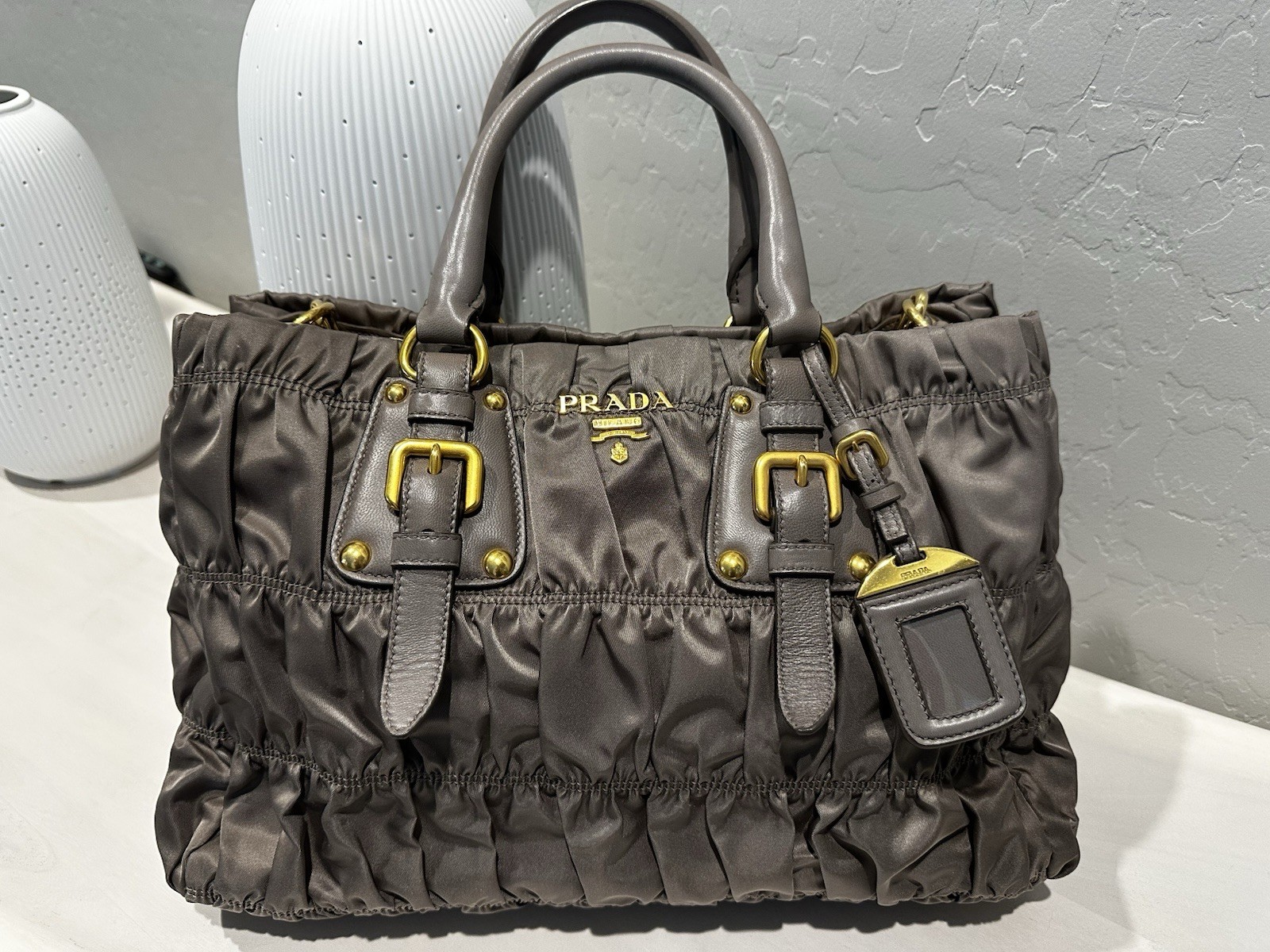 PRADA Gray Ruched Satchel Top Handle Bag w/ Detachable Strap Gold Hardware