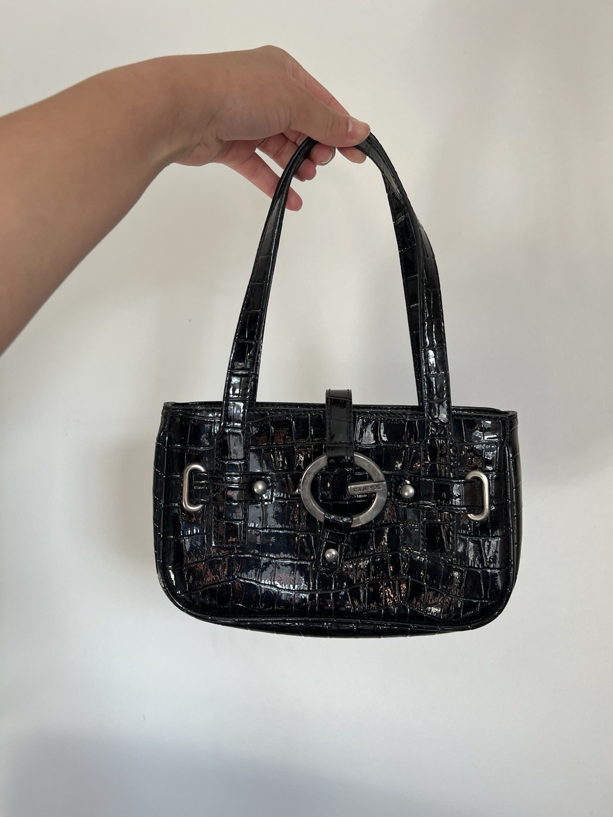 Y2K Guess Black Croc Patent Shoulder Bag With Logo