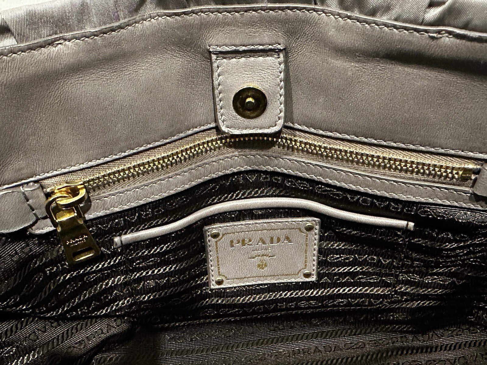 PRADA Gray Ruched Satchel Top Handle Bag w/ Detachable Strap Gold Hardware