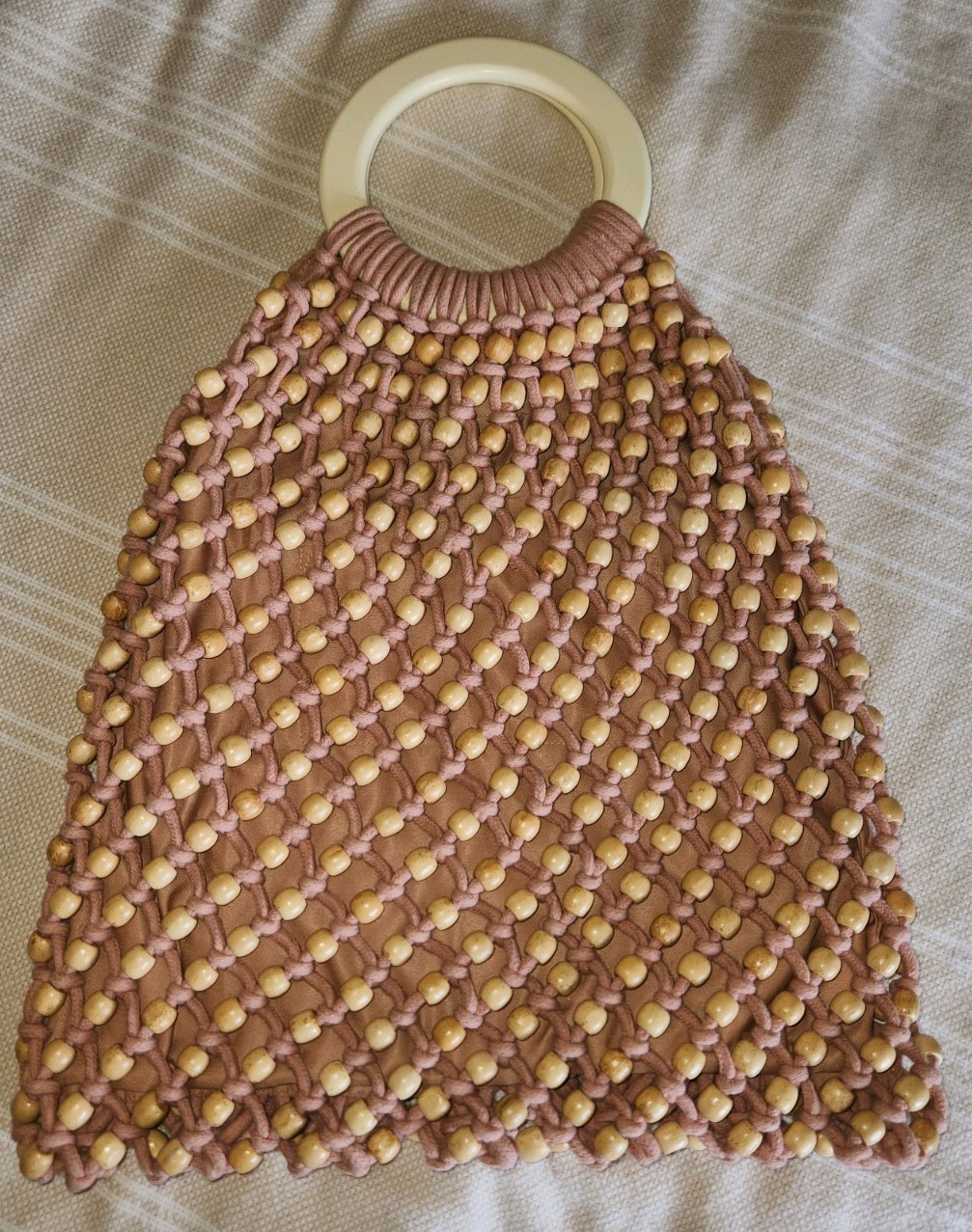 C&C California Pink/Beige Beaded Top Handle Bag Acrylic Ring, Snap, Pockets