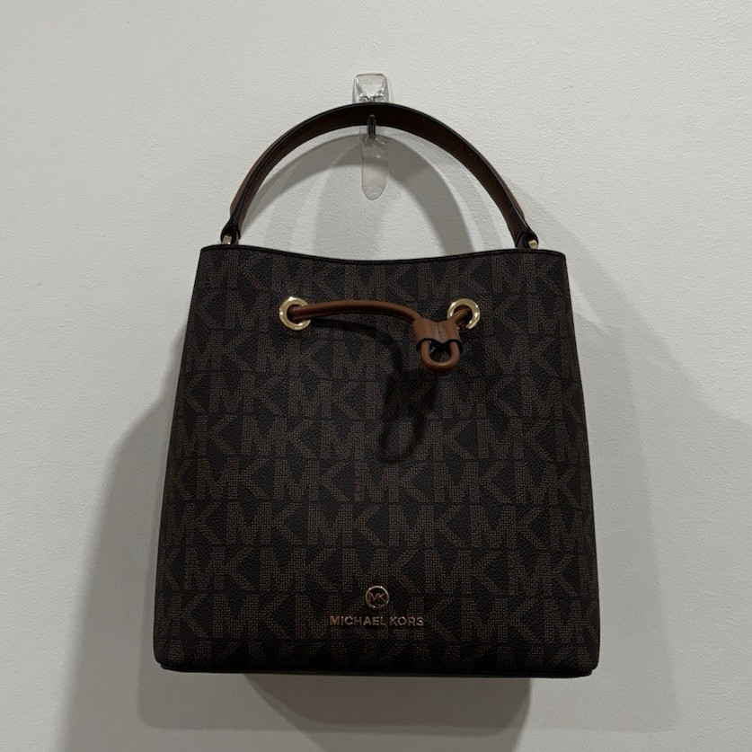 Michael Kors Brown MK Monogram Small Drawstring Bucket Top Handle Crossbody